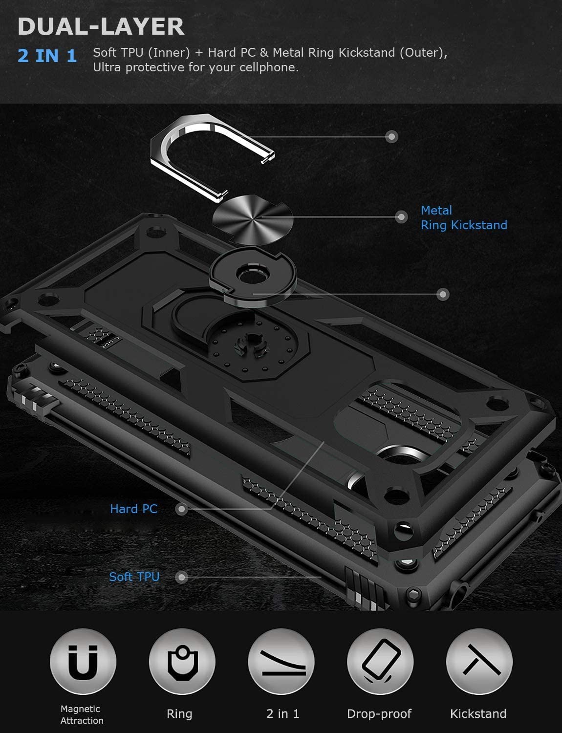 Protectores para celular  para Huawei  Mate 20 Pro Funda reforzada con anillo v2 Negro